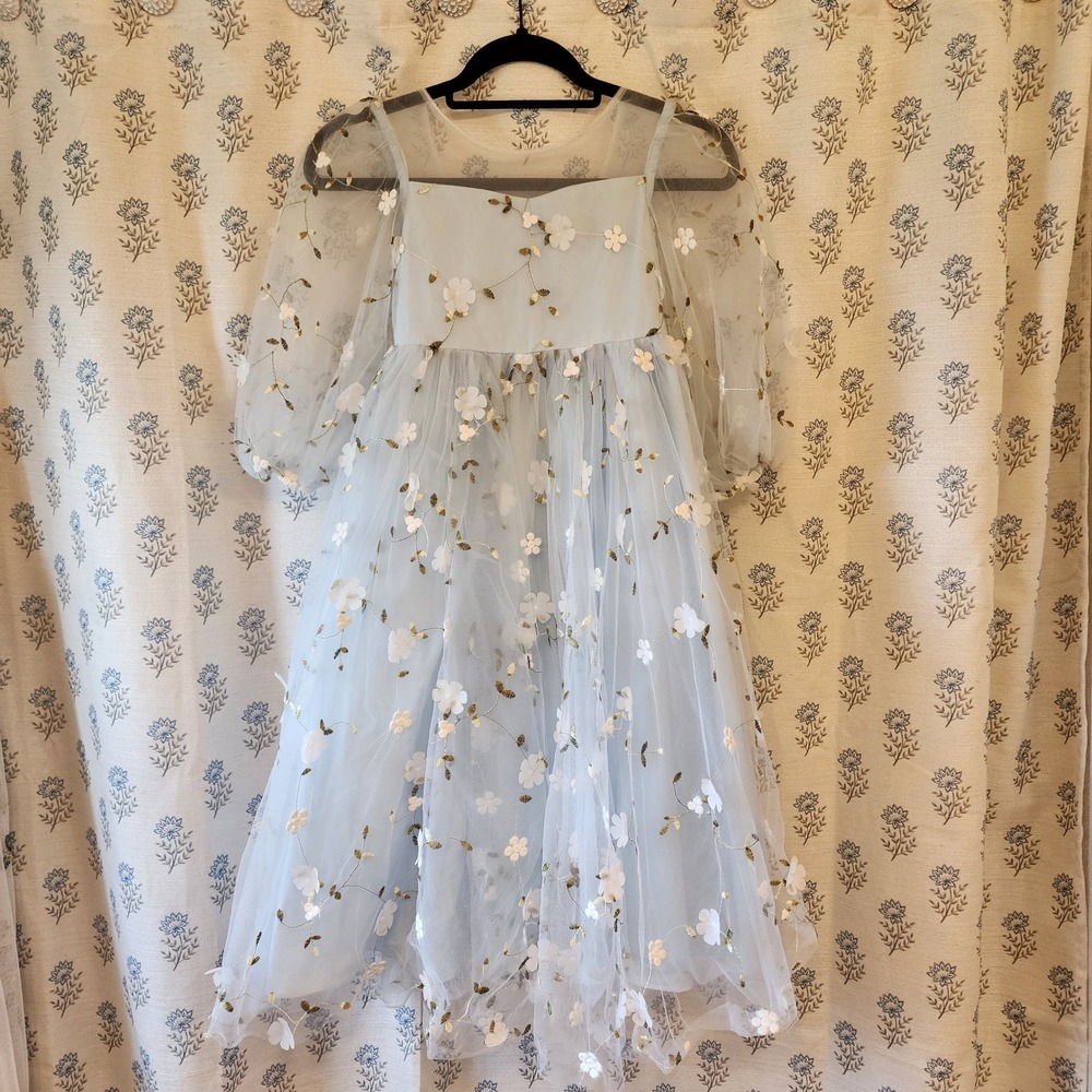 Azazie Blue Tulle 3D Floral Applique Flower Girl Dress with Flower Crown Size 7